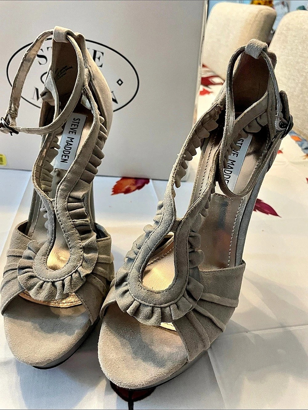 Steve Madden Vinitta Gray Ruffle Strap Heels
